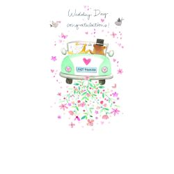Bamse brudepar i bil med glimmer - Bryllupskort & kuvert - Paper Rose